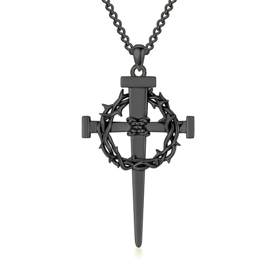Sterling Silver Black Crown of Thorn Nail Cross Pendant